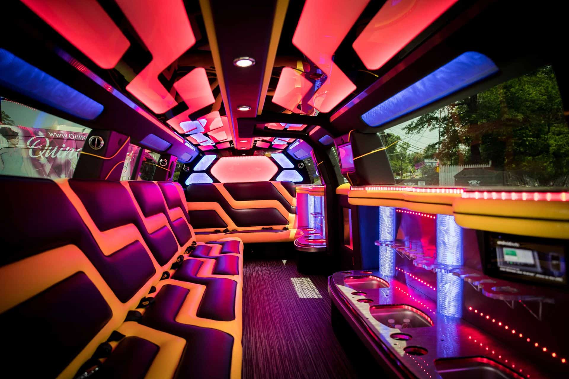 Jeep Grand Cherokee stretch limo interior with LED lighting — luxury limo service Fair Lawn NJ Bergen County