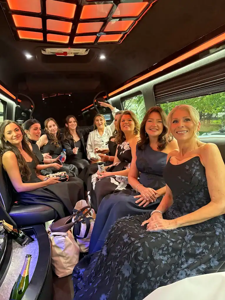 Mercedes Sprinter party bus wedding guests celebrating Bergen County NJ — Moonlight Limo