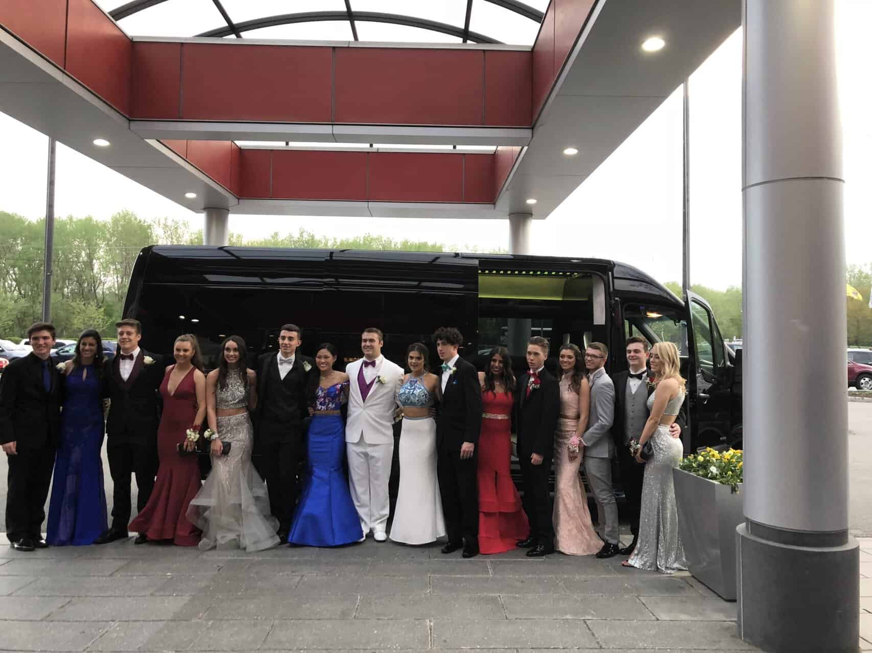 Bergen County prom group with Moonlight Limo Mercedes party bus